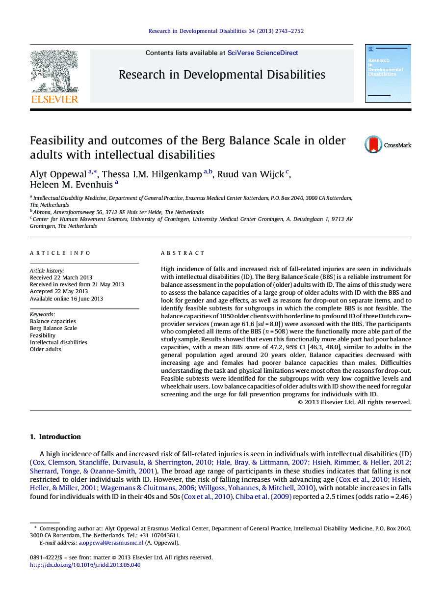 Feasibility and outcomes of the Berg Balance Scale in older adults with intellectual disabilities