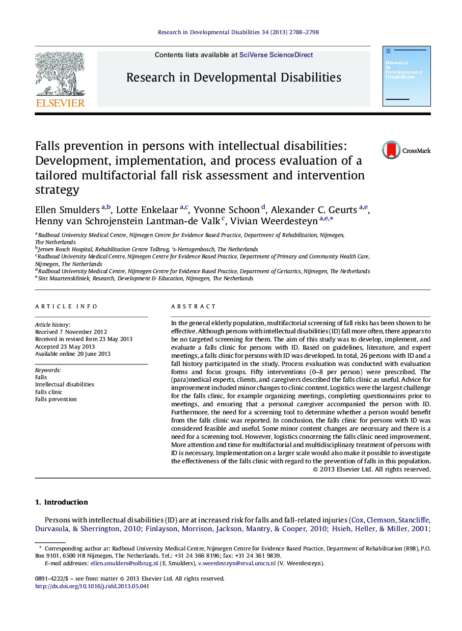 Falls prevention in persons with intellectual disabilities: Development, implementation, and process evaluation of a tailored multifactorial fall risk assessment and intervention strategy