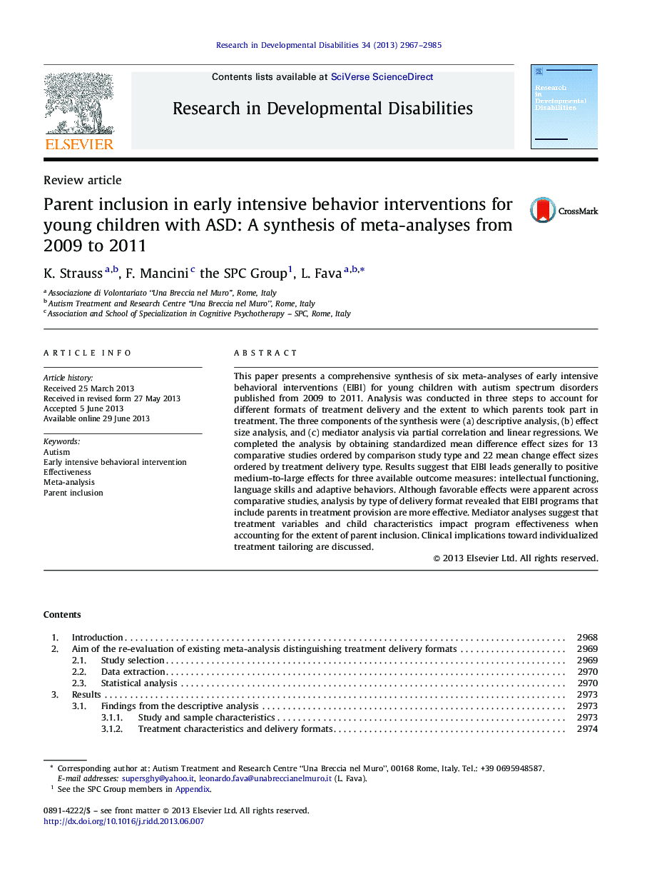 Parent inclusion in early intensive behavior interventions for young children with ASD: A synthesis of meta-analyses from 2009 to 2011