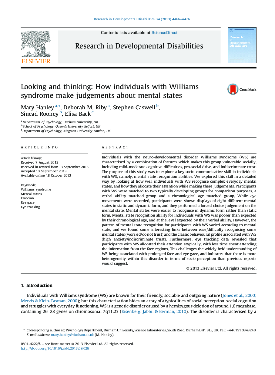 Looking and thinking: How individuals with Williams syndrome make judgements about mental states