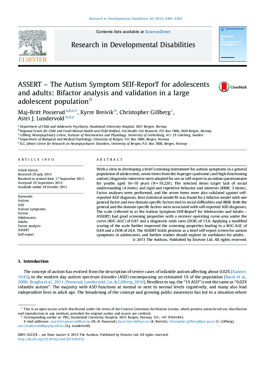 ASSERT - The Autism Symptom SElf-ReporT for adolescents and adults: Bifactor analysis and validation in a large adolescent population