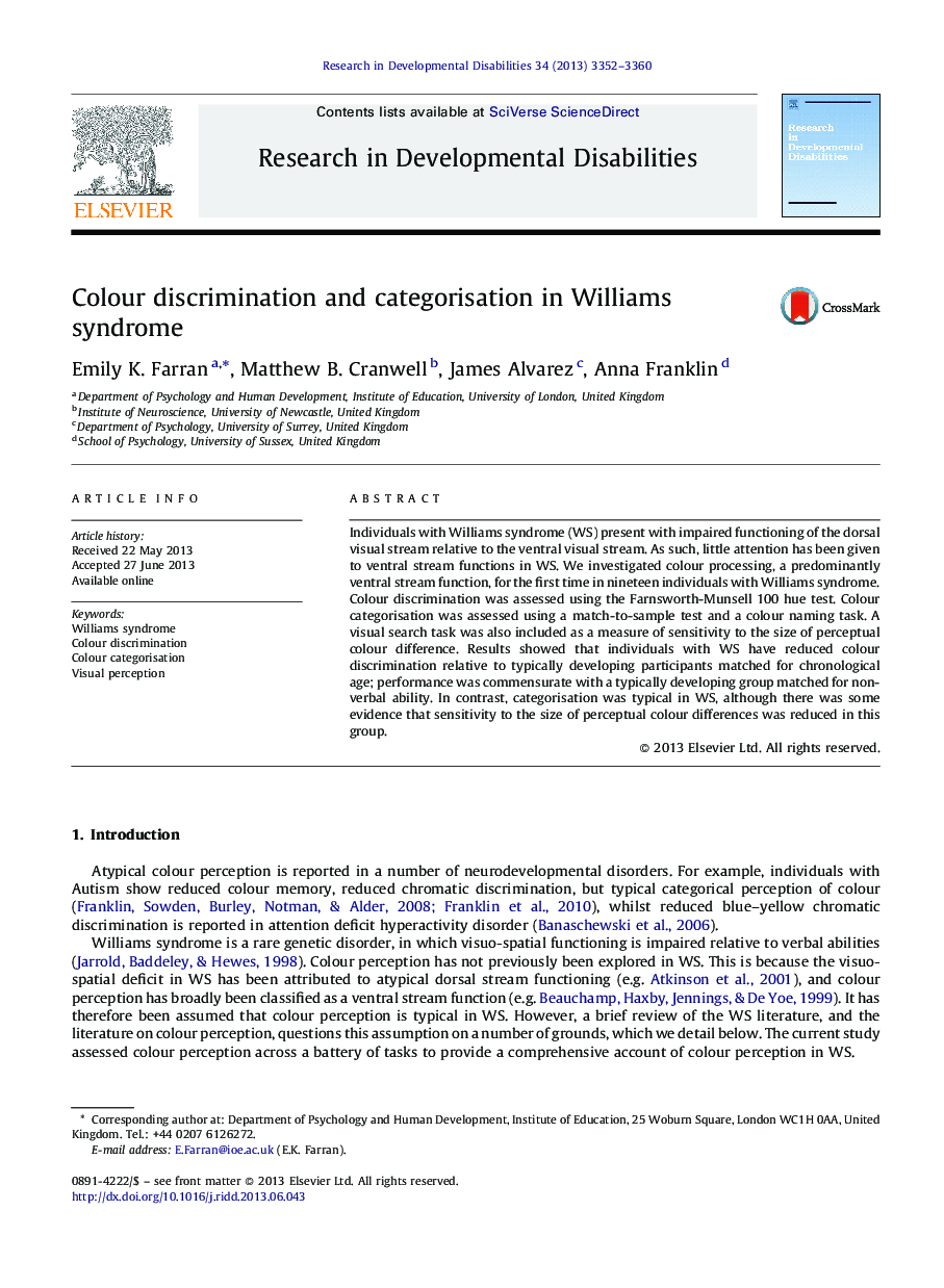 Colour discrimination and categorisation in Williams syndrome