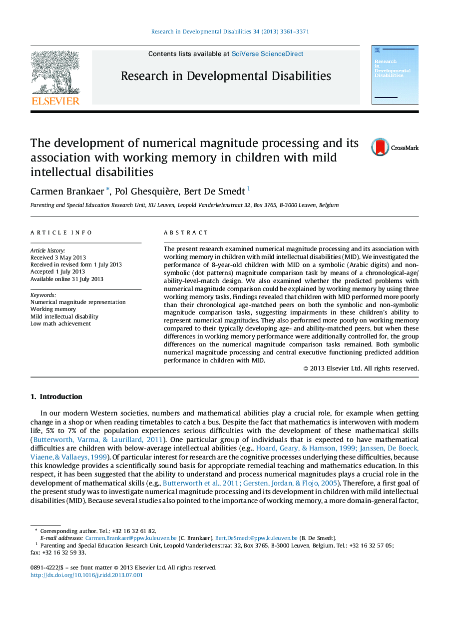 The development of numerical magnitude processing and its association with working memory in children with mild intellectual disabilities