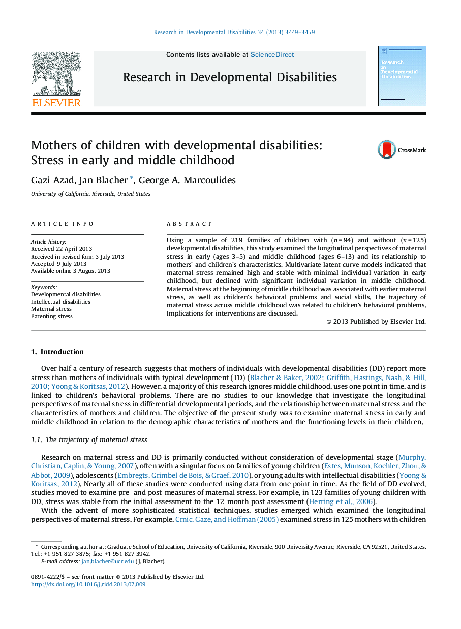 Mothers of children with developmental disabilities: Stress in early and middle childhood