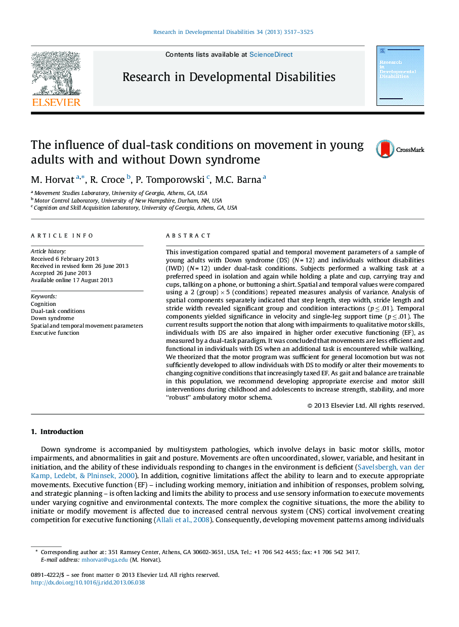 The influence of dual-task conditions on movement in young adults with and without Down syndrome
