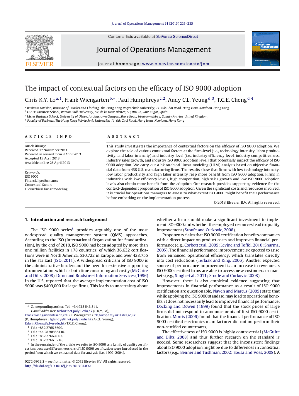 The impact of contextual factors on the efficacy of ISO 9000 adoption