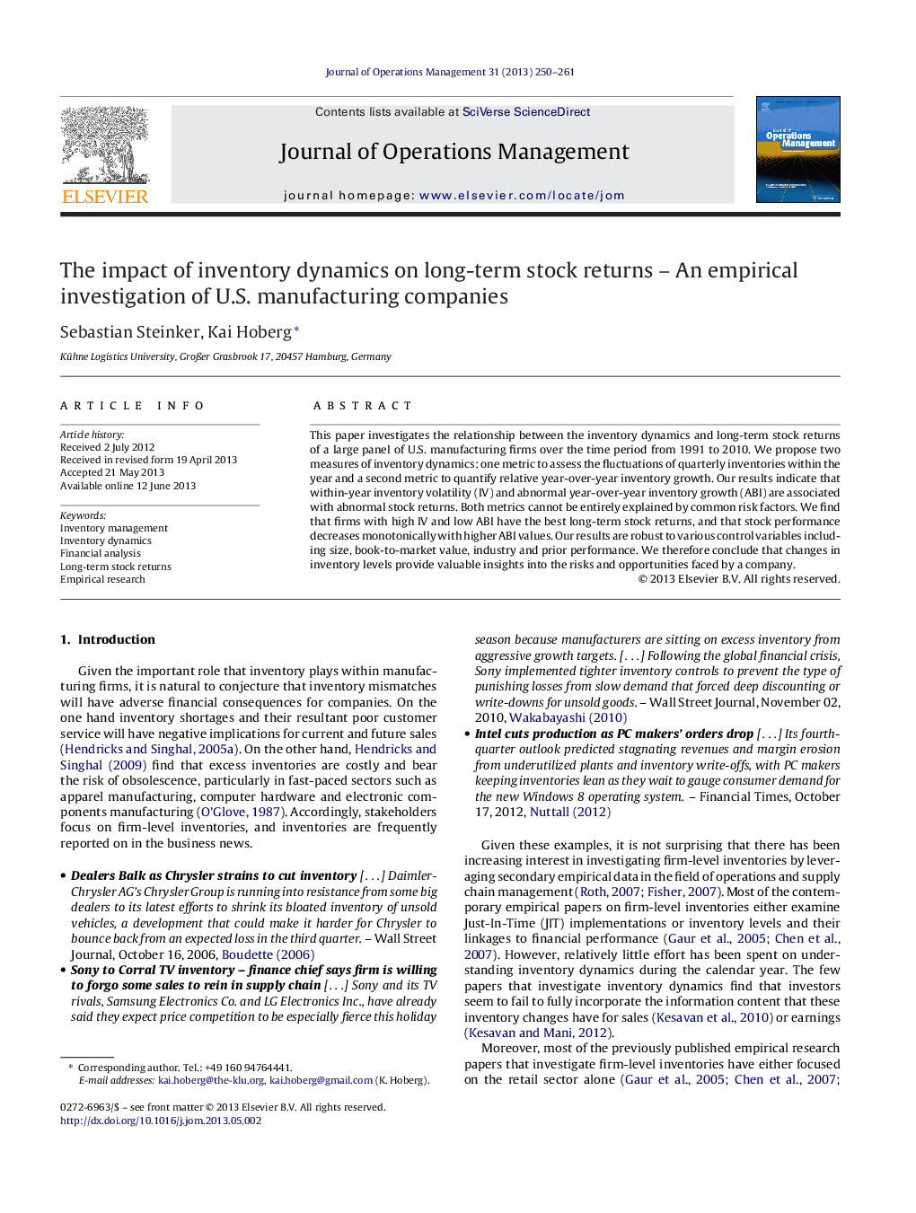 The impact of inventory dynamics on long-term stock returns – An empirical investigation of U.S. manufacturing companies