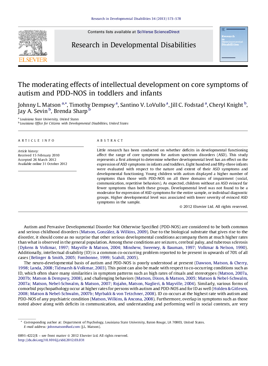 The moderating effects of intellectual development on core symptoms of autism and PDD-NOS in toddlers and infants