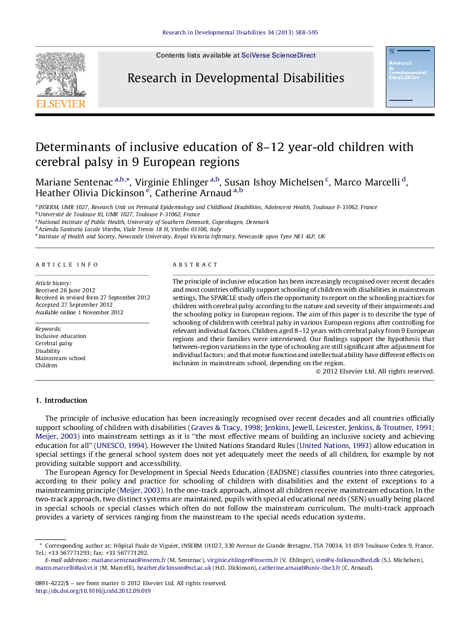 Determinants of inclusive education of 8-12 year-old children with cerebral palsy in 9 European regions