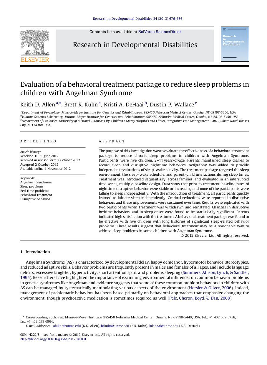 Evaluation of a behavioral treatment package to reduce sleep problems in children with Angelman Syndrome