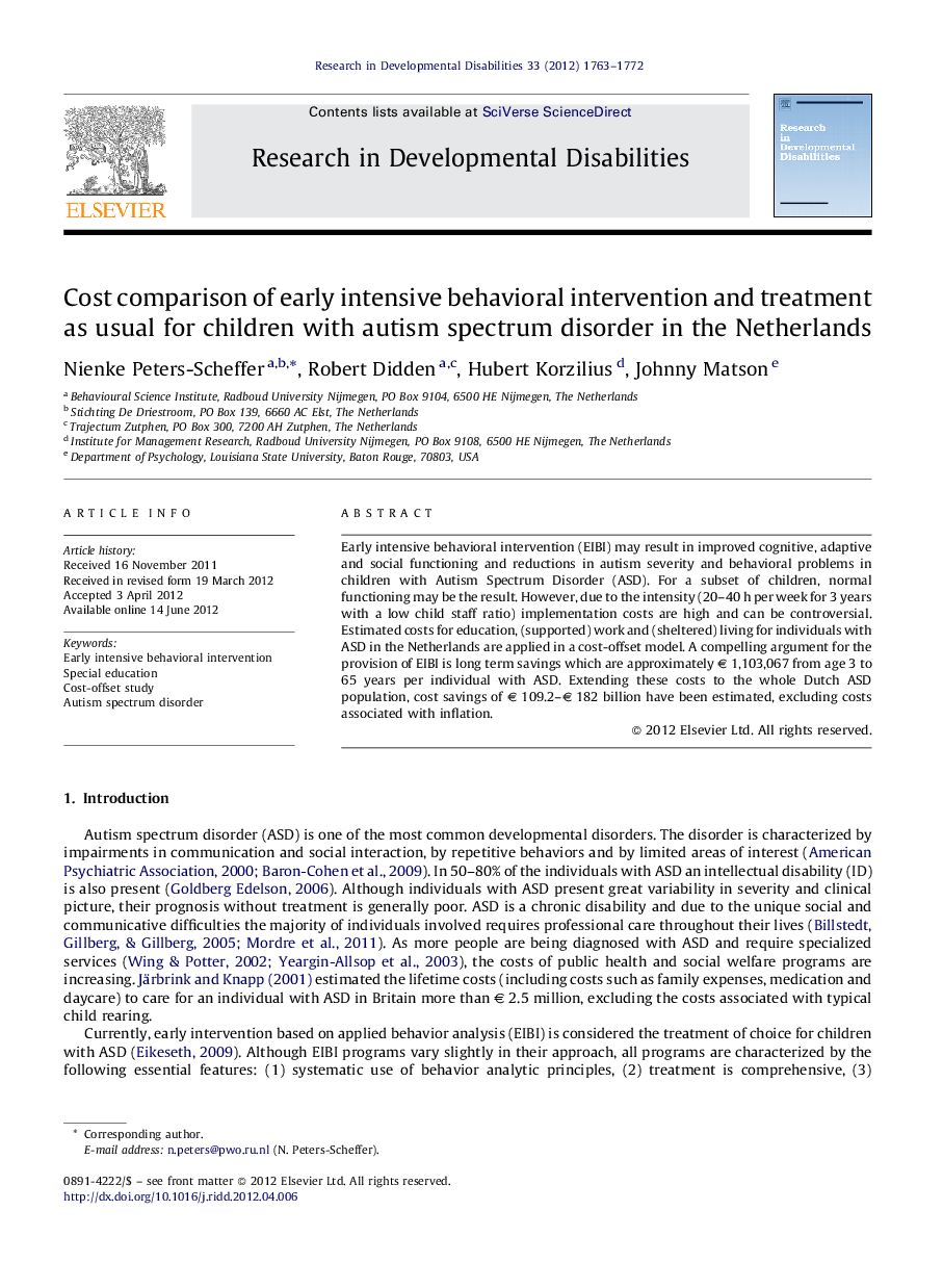 Cost comparison of early intensive behavioral intervention and treatment as usual for children with autism spectrum disorder in the Netherlands