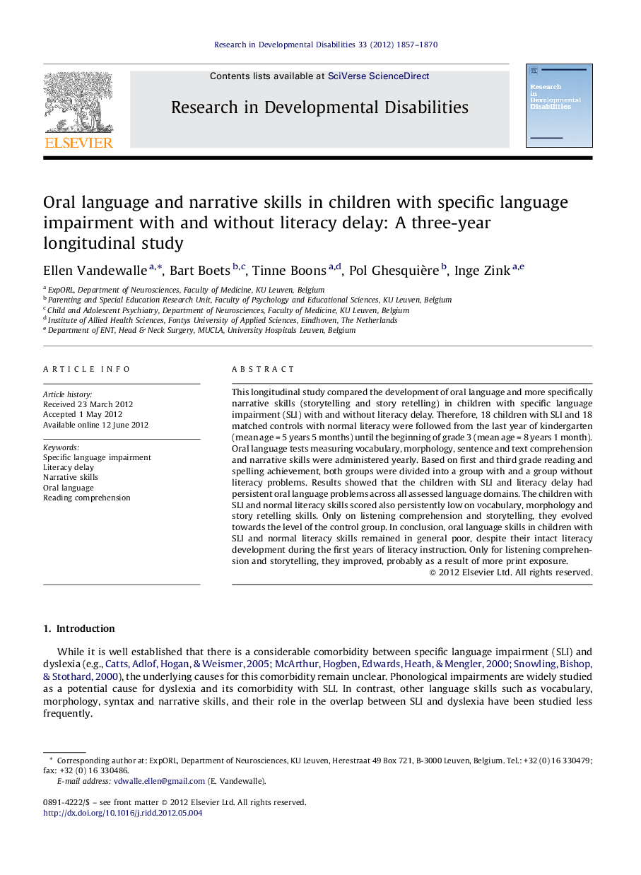 Oral language and narrative skills in children with specific language impairment with and without literacy delay: A three-year longitudinal study