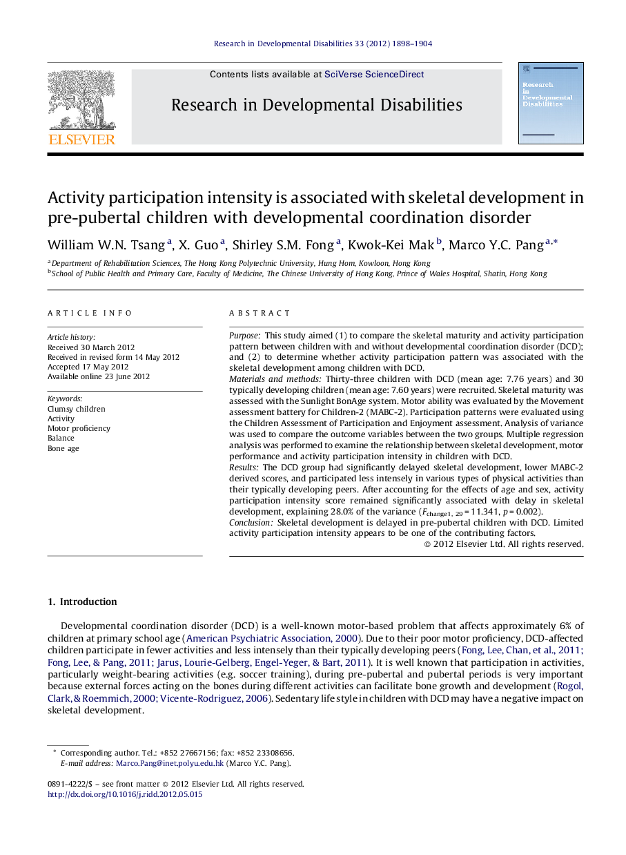 Activity participation intensity is associated with skeletal development in pre-pubertal children with developmental coordination disorder