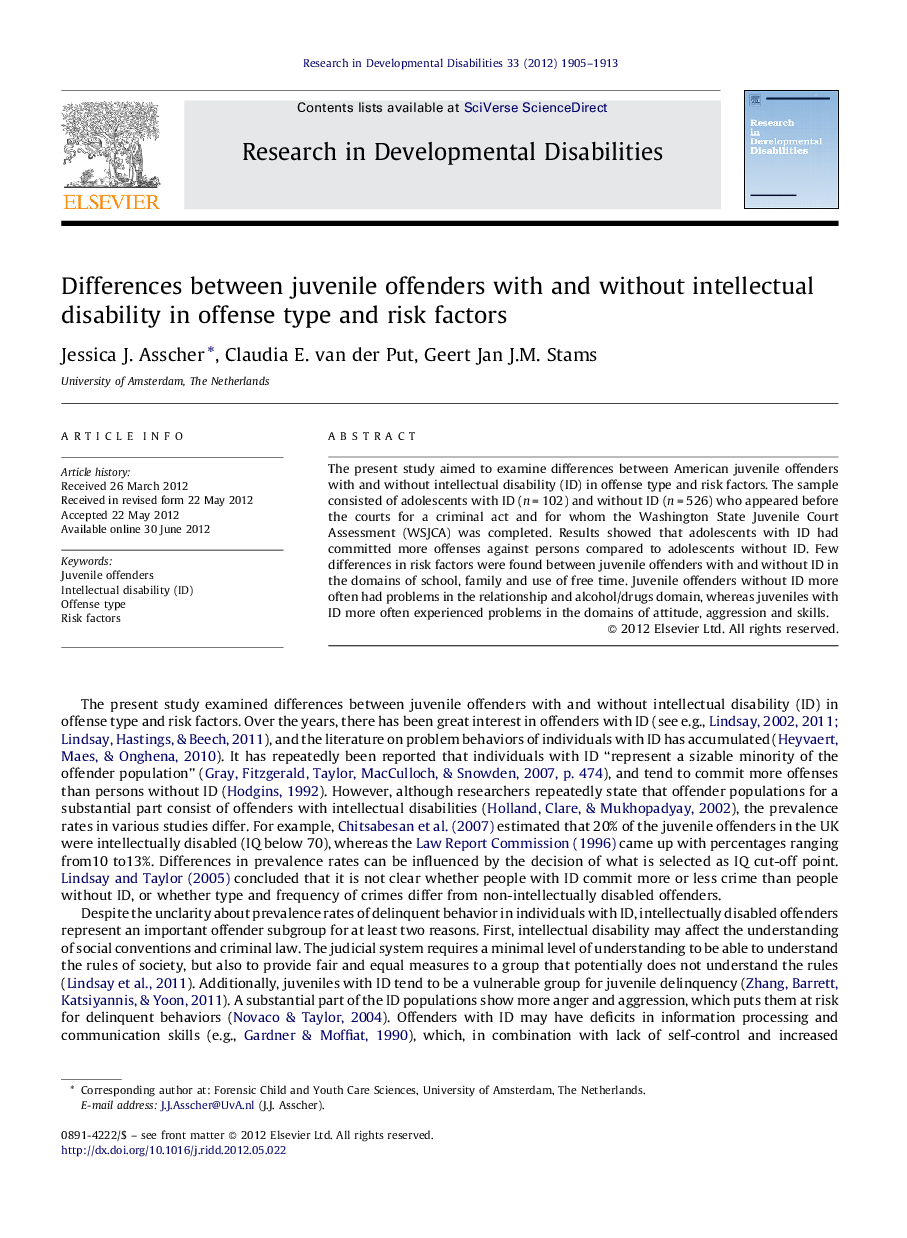 Differences between juvenile offenders with and without intellectual disability in offense type and risk factors