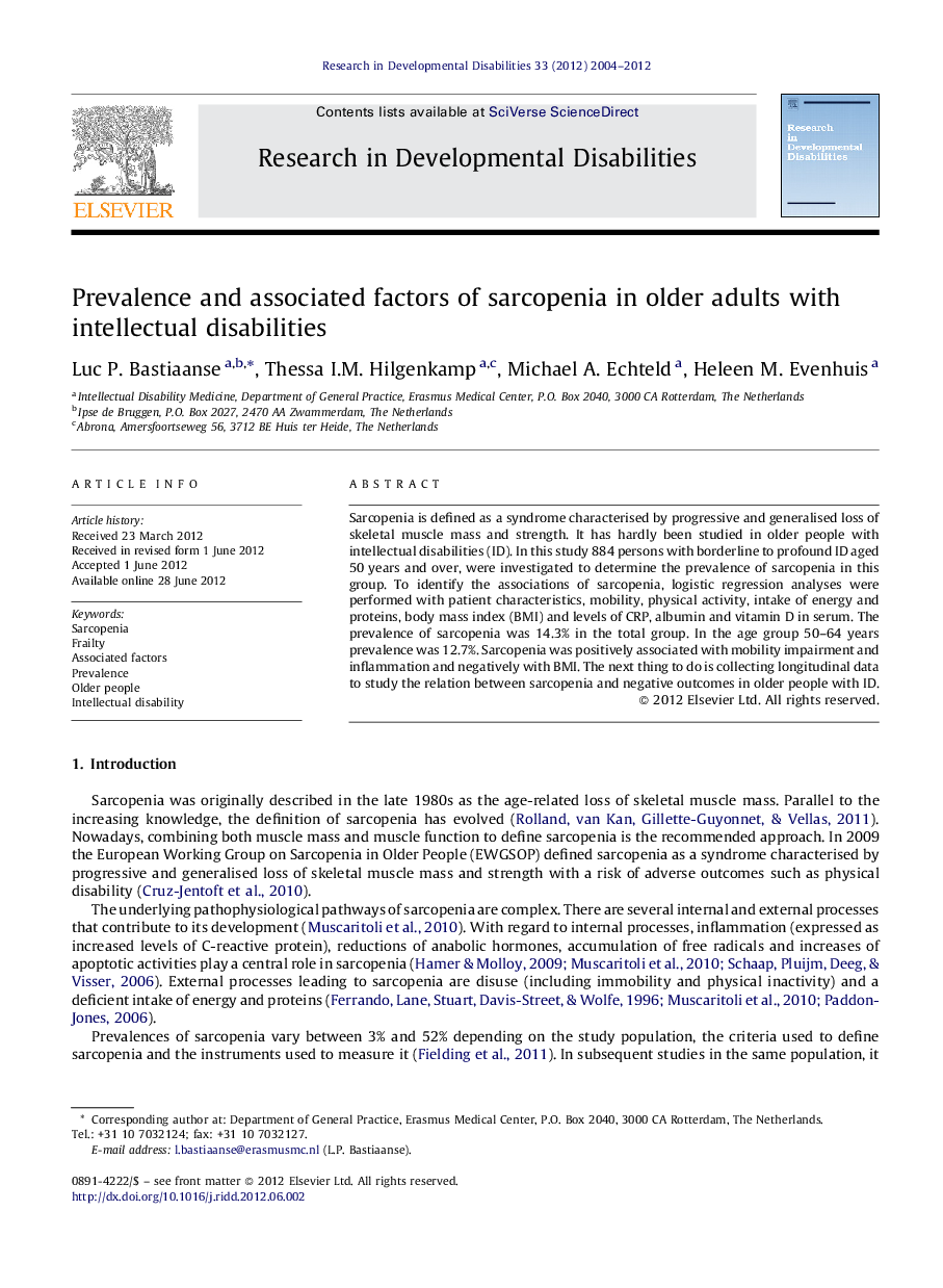 Prevalence and associated factors of sarcopenia in older adults with intellectual disabilities