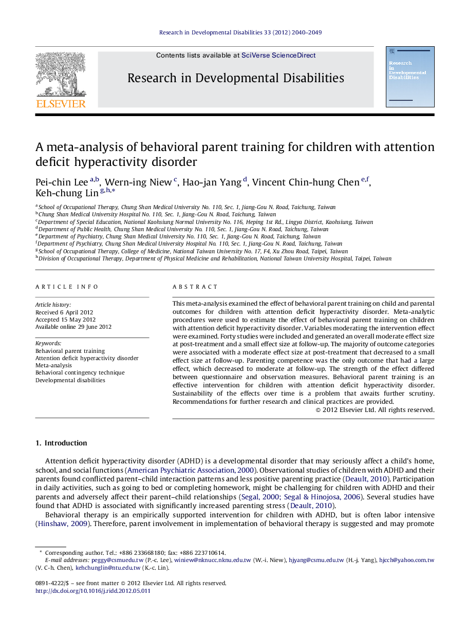 A meta-analysis of behavioral parent training for children with attention deficit hyperactivity disorder