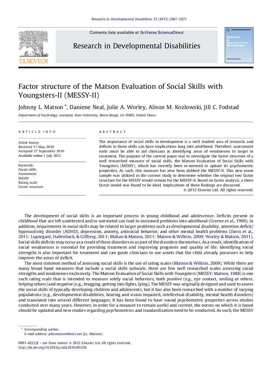 Factor structure of the Matson Evaluation of Social Skills with Youngsters-II (MESSY-II)