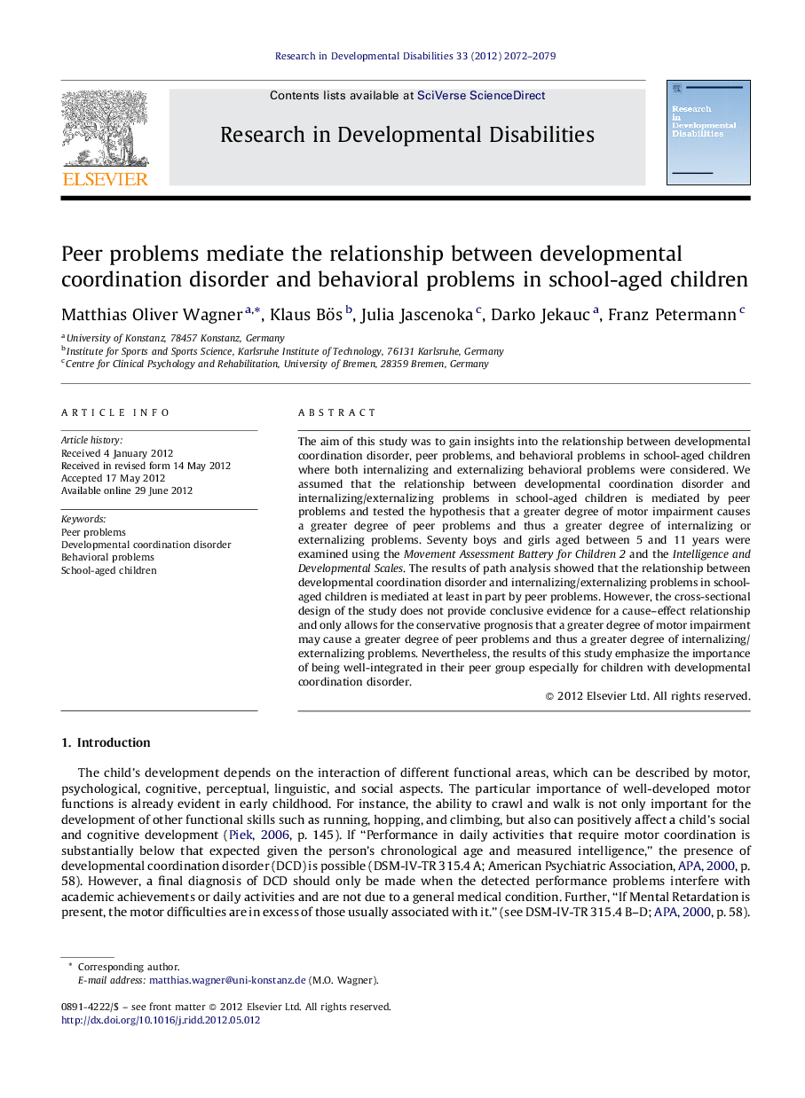 Peer problems mediate the relationship between developmental coordination disorder and behavioral problems in school-aged children