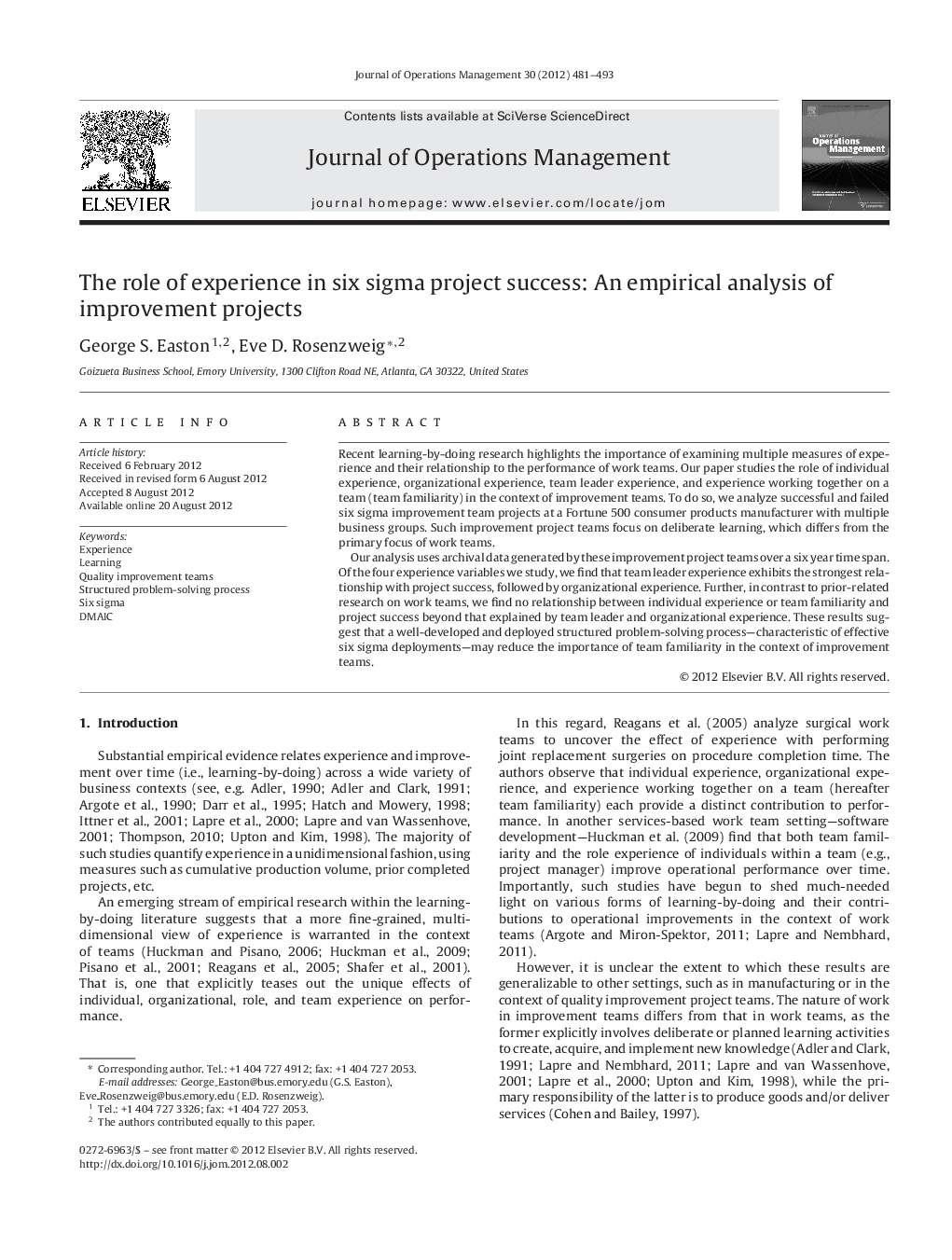 The role of experience in six sigma project success: An empirical analysis of improvement projects