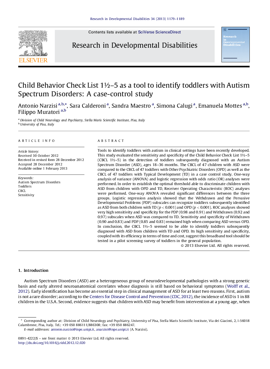 Child Behavior Check List 1Â½-5 as a tool to identify toddlers with Autism Spectrum Disorders: A case-control study