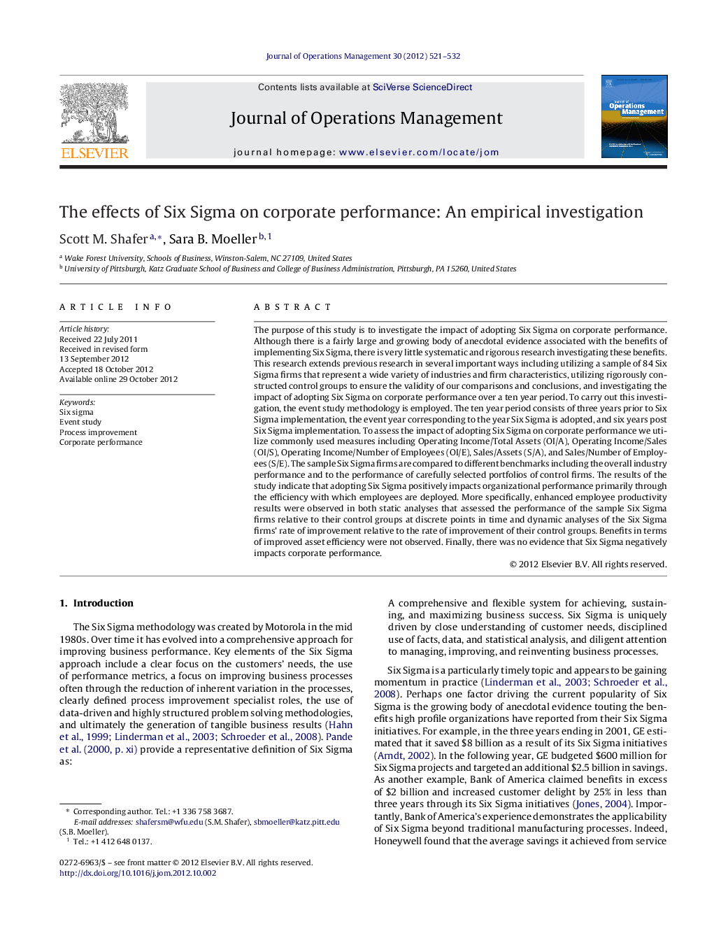 The effects of Six Sigma on corporate performance: An empirical investigation