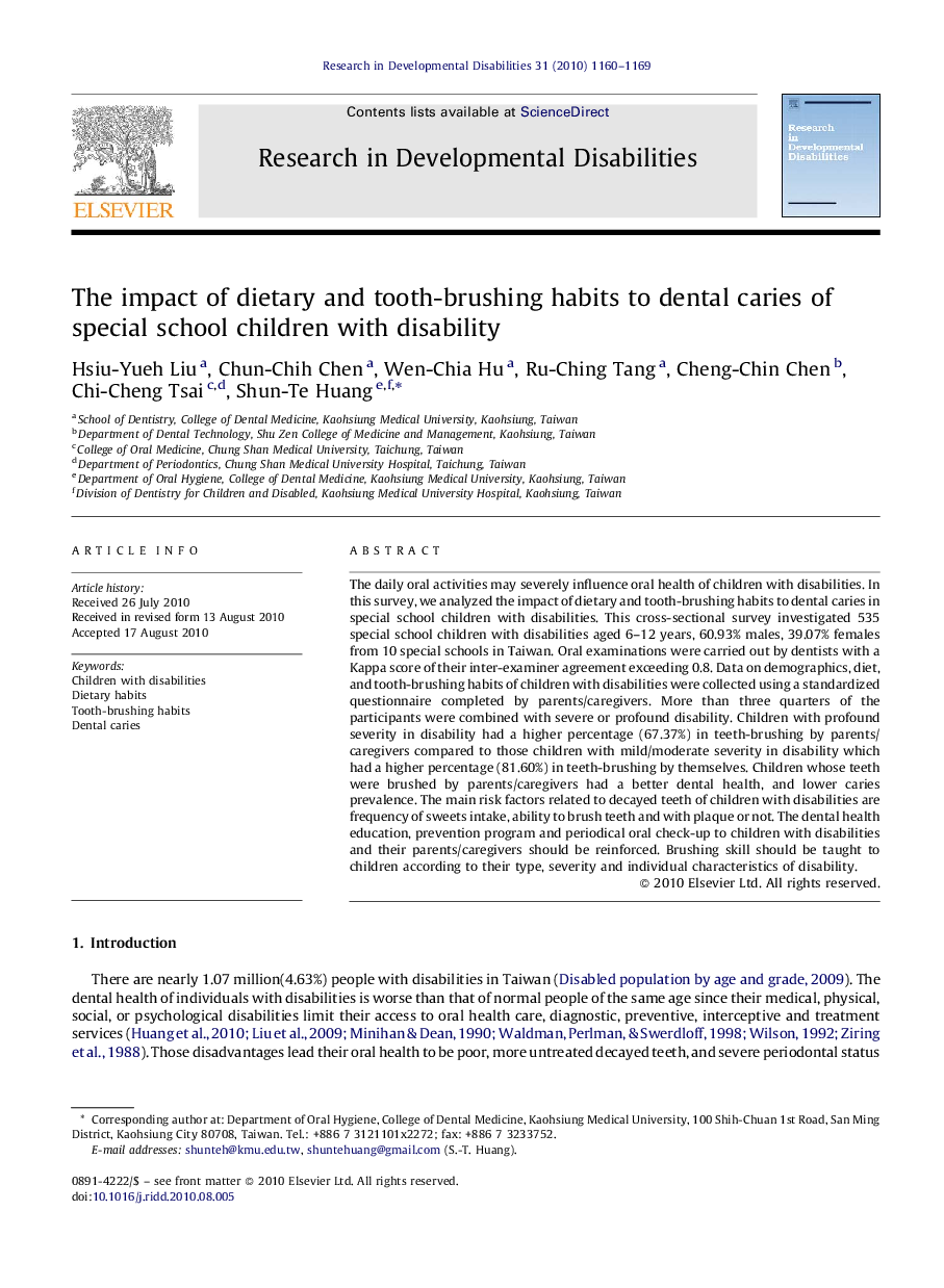 The impact of dietary and tooth-brushing habits to dental caries of special school children with disability