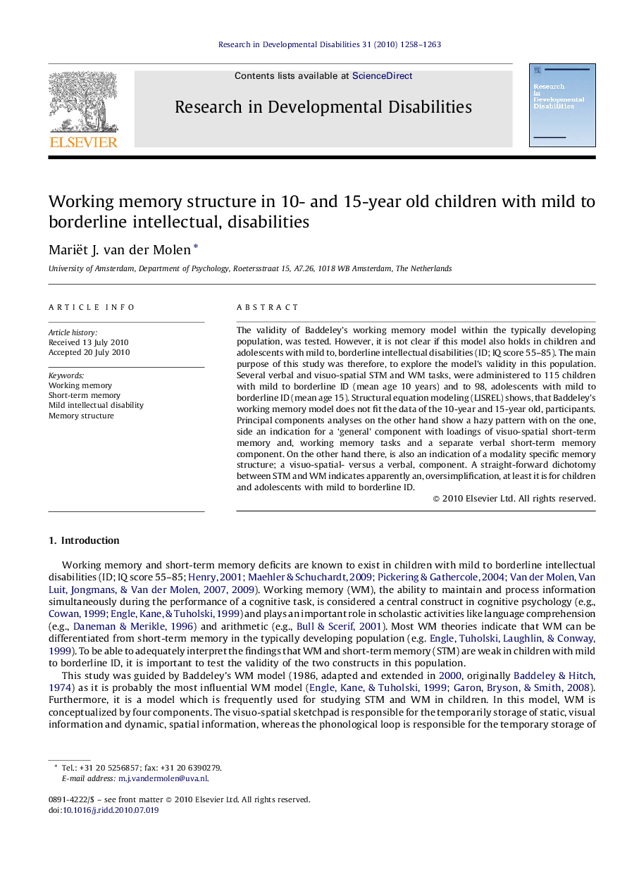 Working memory structure in 10- and 15-year old children with mild to borderline intellectual, disabilities