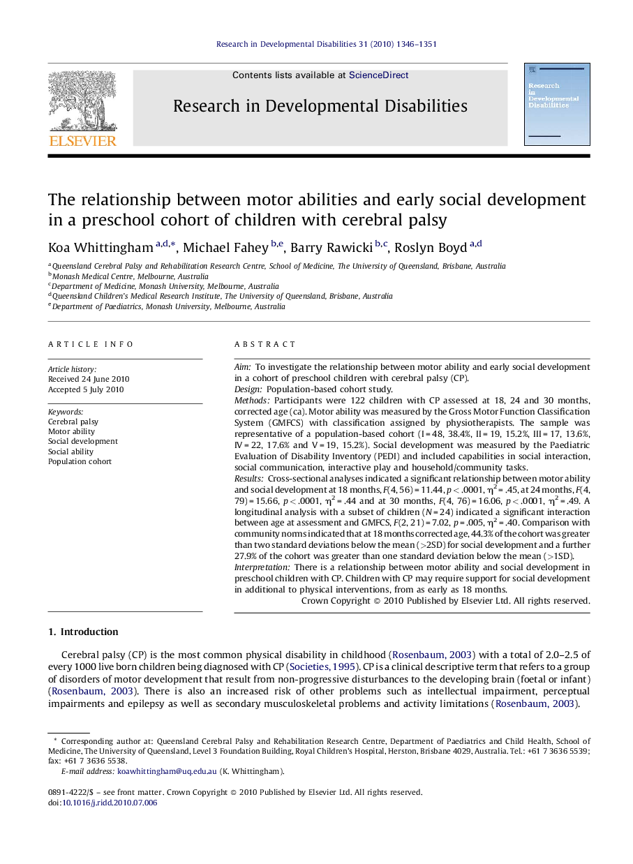 The relationship between motor abilities and early social development in a preschool cohort of children with cerebral palsy