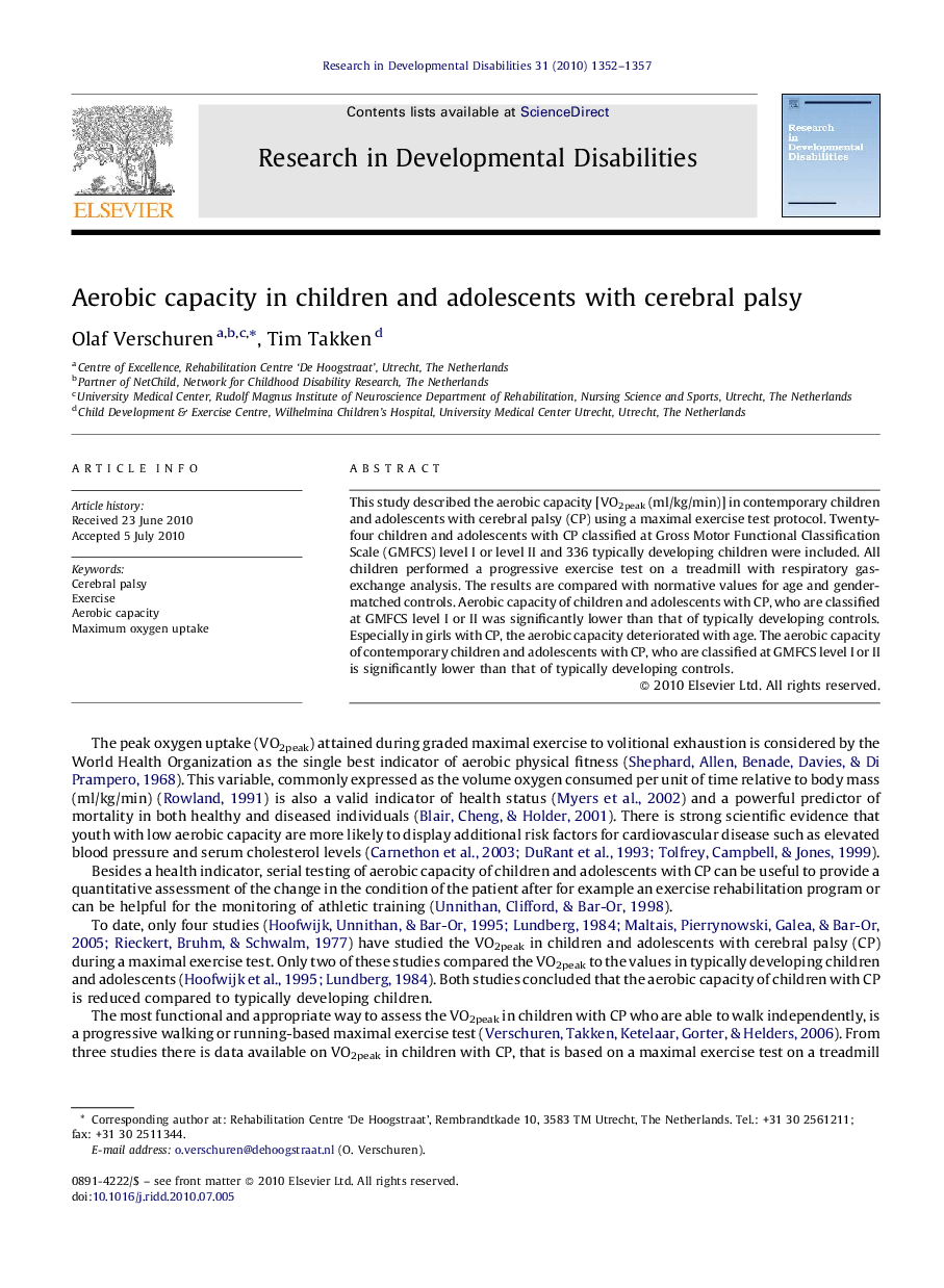 Aerobic capacity in children and adolescents with cerebral palsy