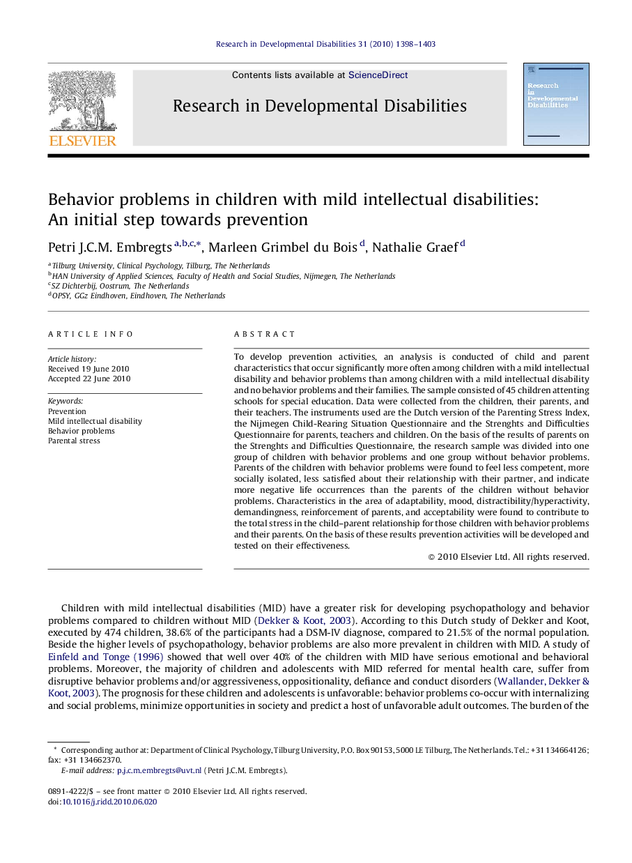 Behavior problems in children with mild intellectual disabilities: An initial step towards prevention