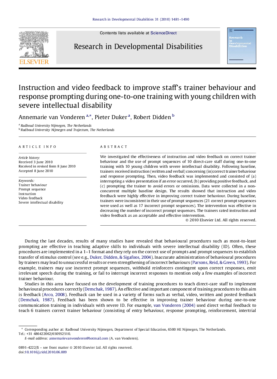 Instruction and video feedback to improve staff's trainer behaviour and response prompting during one-to-one training with young children with severe intellectual disability