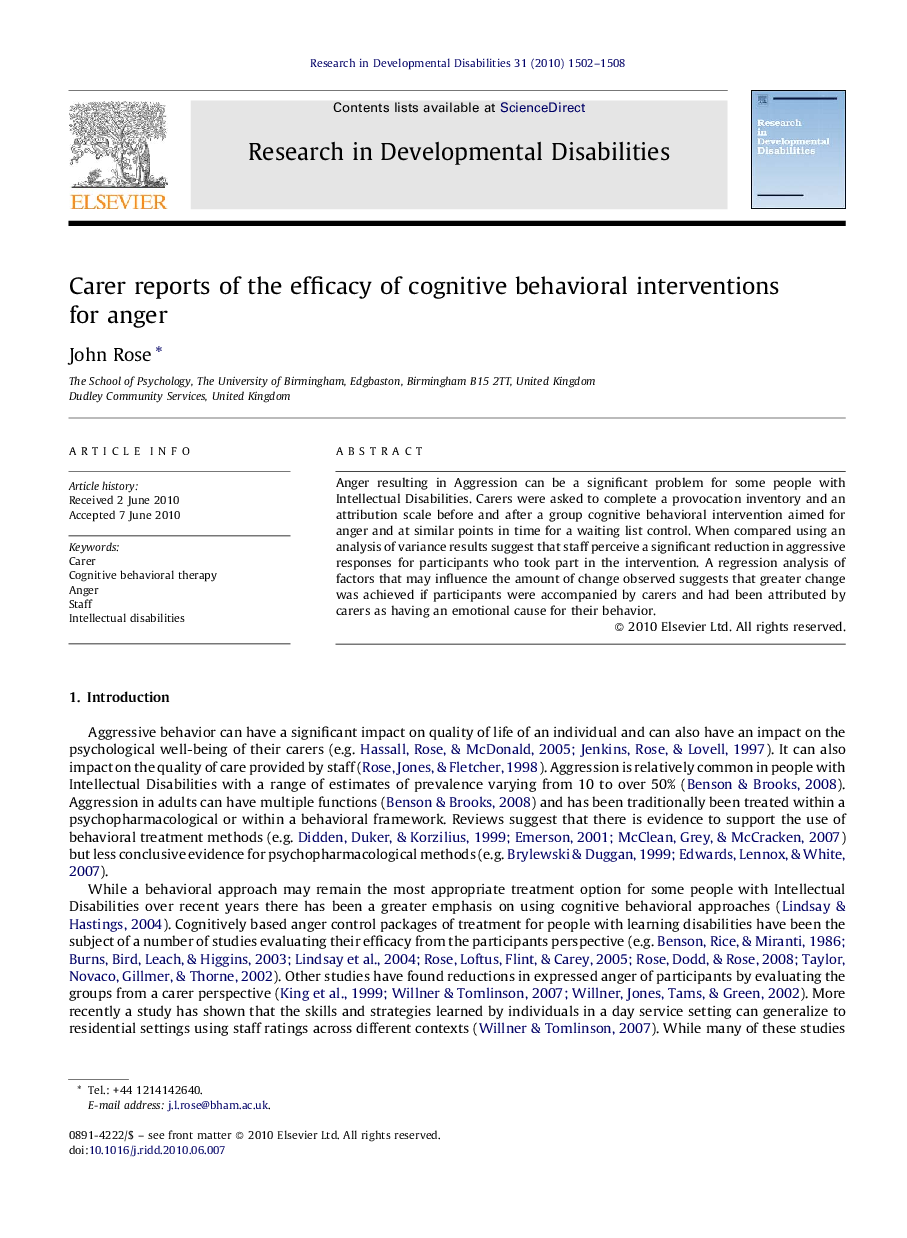 Carer reports of the efficacy of cognitive behavioral interventions for anger