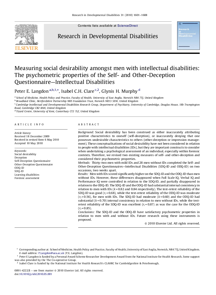 Measuring social desirability amongst men with intellectual disabilities: The psychometric properties of the Self- and Other-Deception Questionnaire-Intellectual Disabilities