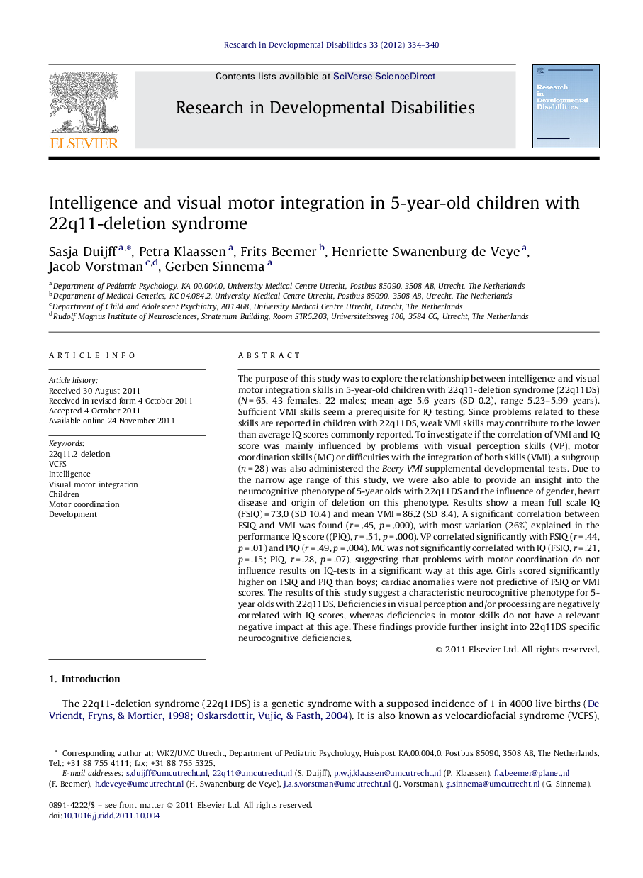 Intelligence and visual motor integration in 5-year-old children with 22q11-deletion syndrome