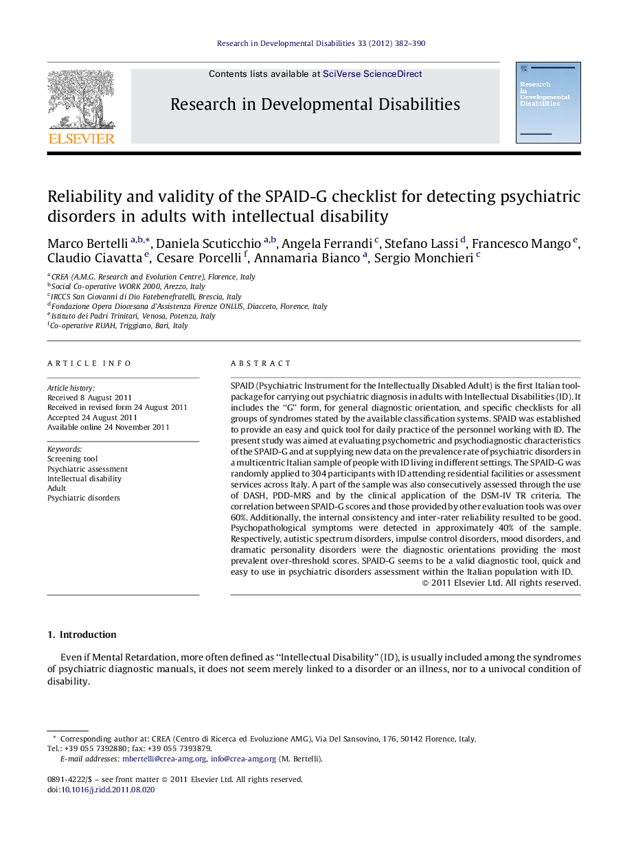 Reliability and validity of the SPAID-G checklist for detecting psychiatric disorders in adults with intellectual disability