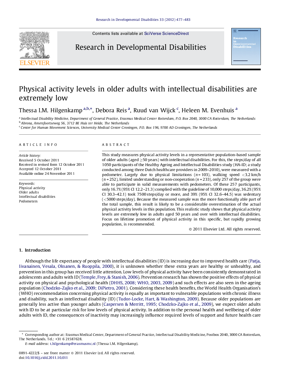 Physical activity levels in older adults with intellectual disabilities are extremely low