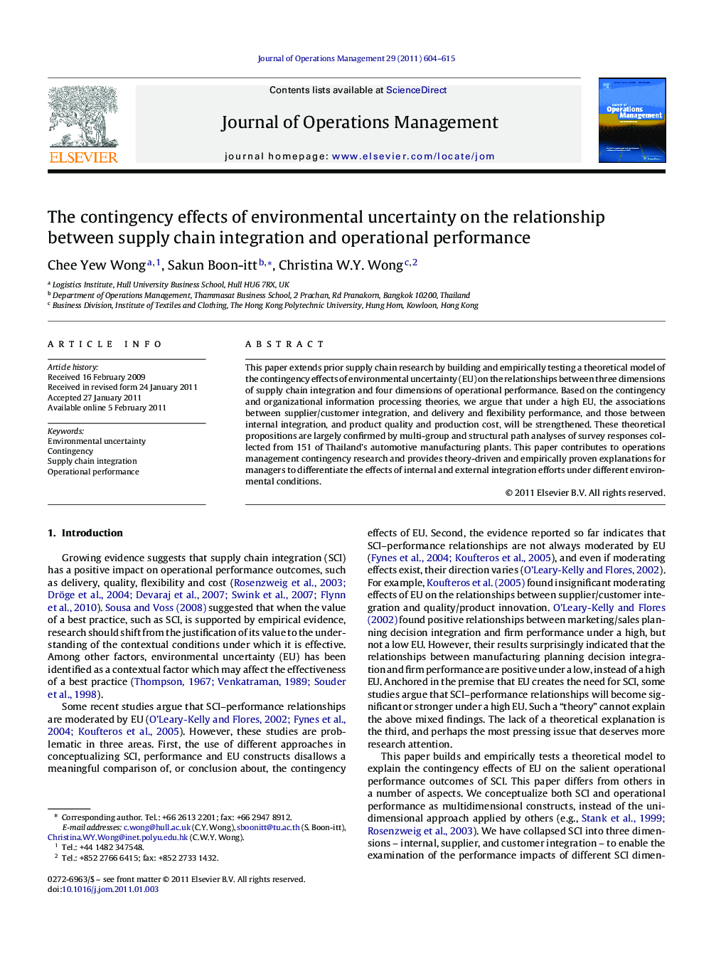 The contingency effects of environmental uncertainty on the relationship between supply chain integration and operational performance