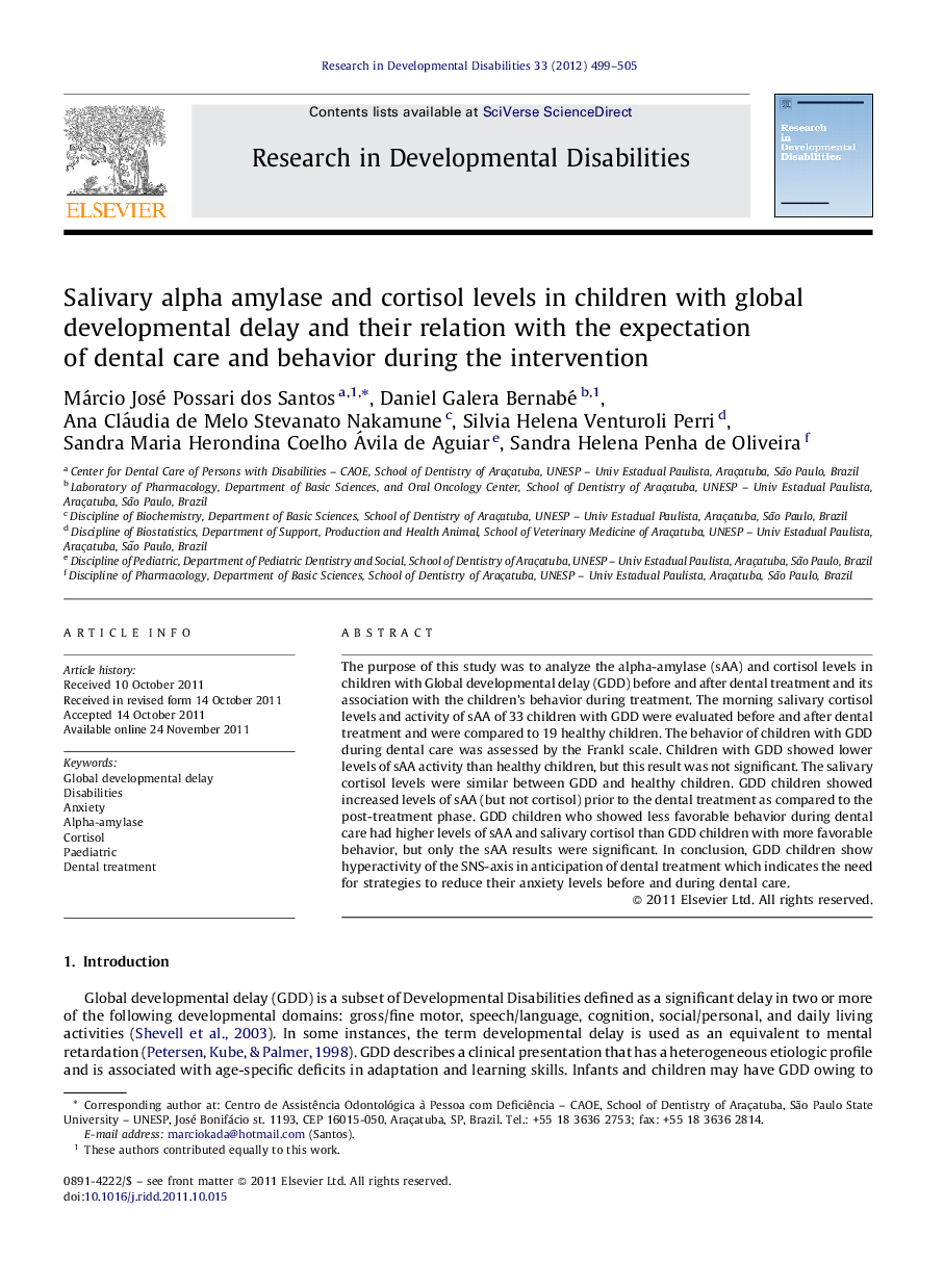 Salivary alpha amylase and cortisol levels in children with global developmental delay and their relation with the expectation of dental care and behavior during the intervention