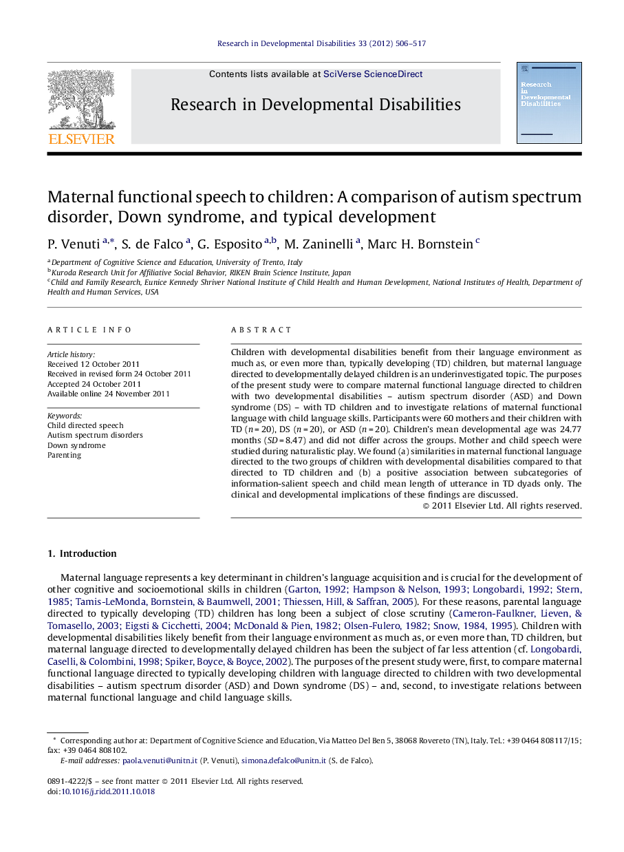 Maternal functional speech to children: A comparison of autism spectrum disorder, Down syndrome, and typical development