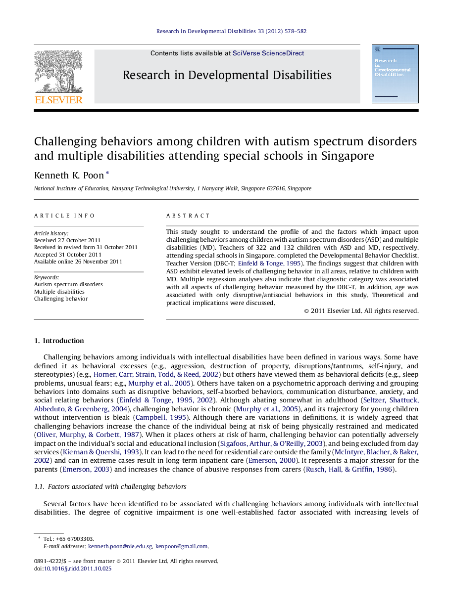 Challenging behaviors among children with autism spectrum disorders and multiple disabilities attending special schools in Singapore