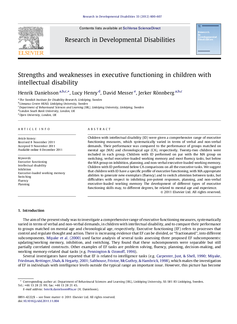 Strengths and weaknesses in executive functioning in children with intellectual disability