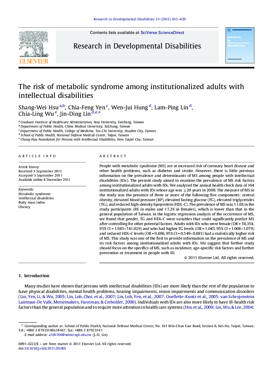 The risk of metabolic syndrome among institutionalized adults with intellectual disabilities