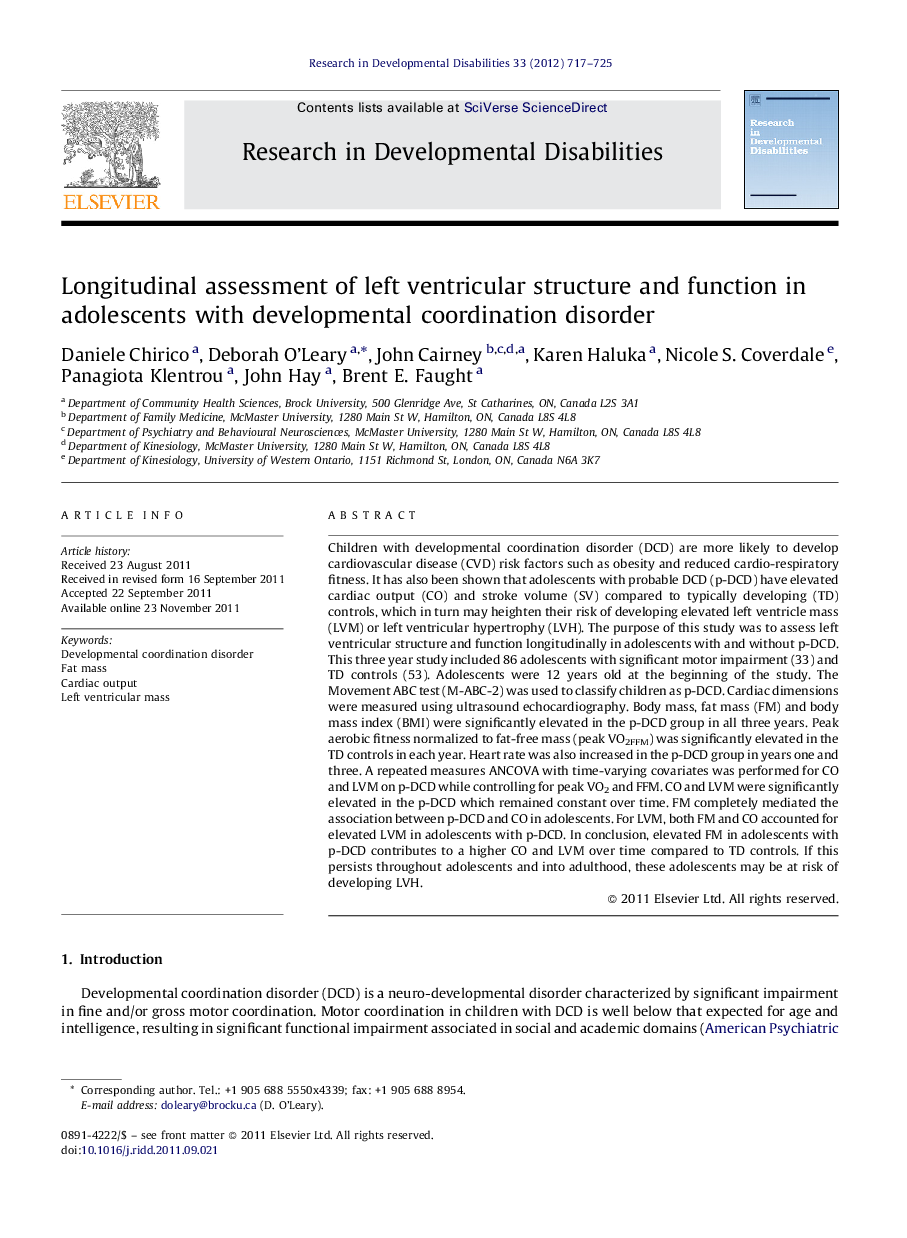 Longitudinal assessment of left ventricular structure and function in adolescents with developmental coordination disorder