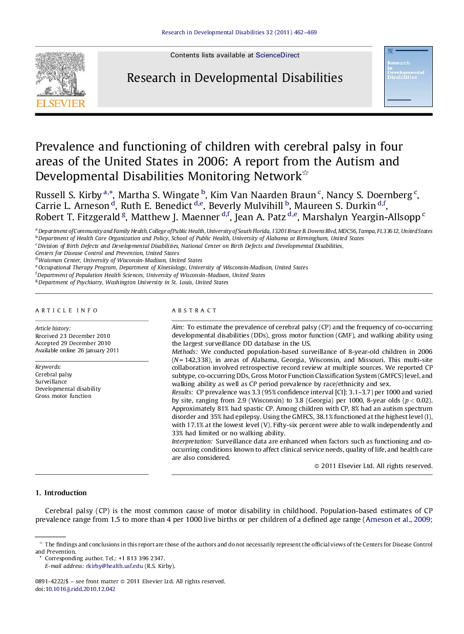 Prevalence and functioning of children with cerebral palsy in four areas of the United States in 2006: A report from the Autism and Developmental Disabilities Monitoring Network