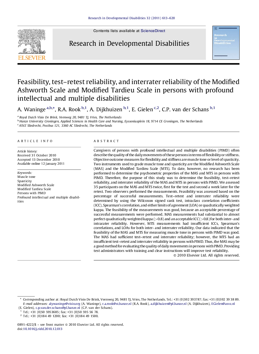 Feasibility, test-retest reliability, and interrater reliability of the Modified Ashworth Scale and Modified Tardieu Scale in persons with profound intellectual and multiple disabilities