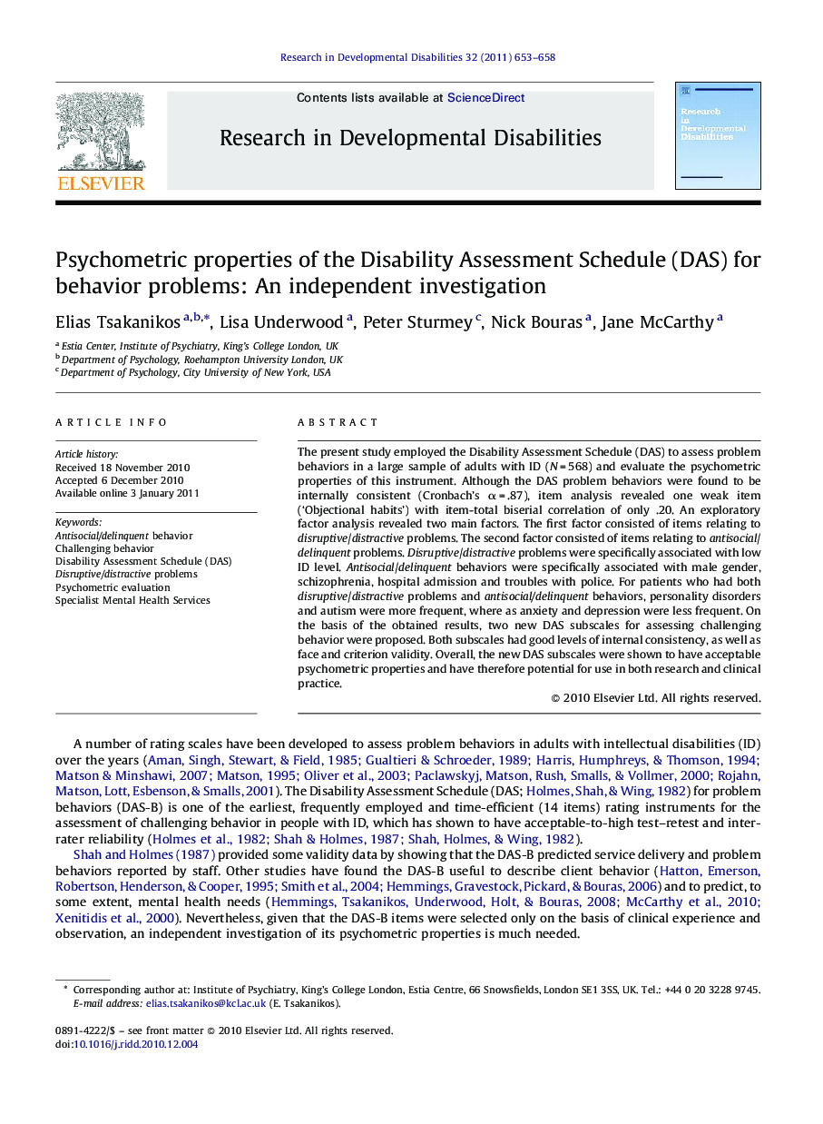 Psychometric properties of the Disability Assessment Schedule (DAS) for behavior problems: An independent investigation