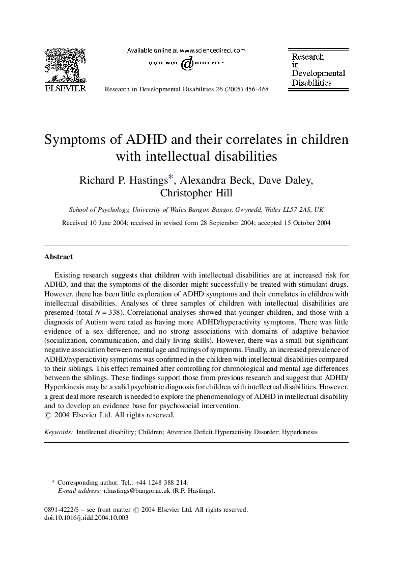 Symptoms of ADHD and their correlates in children with intellectual disabilities