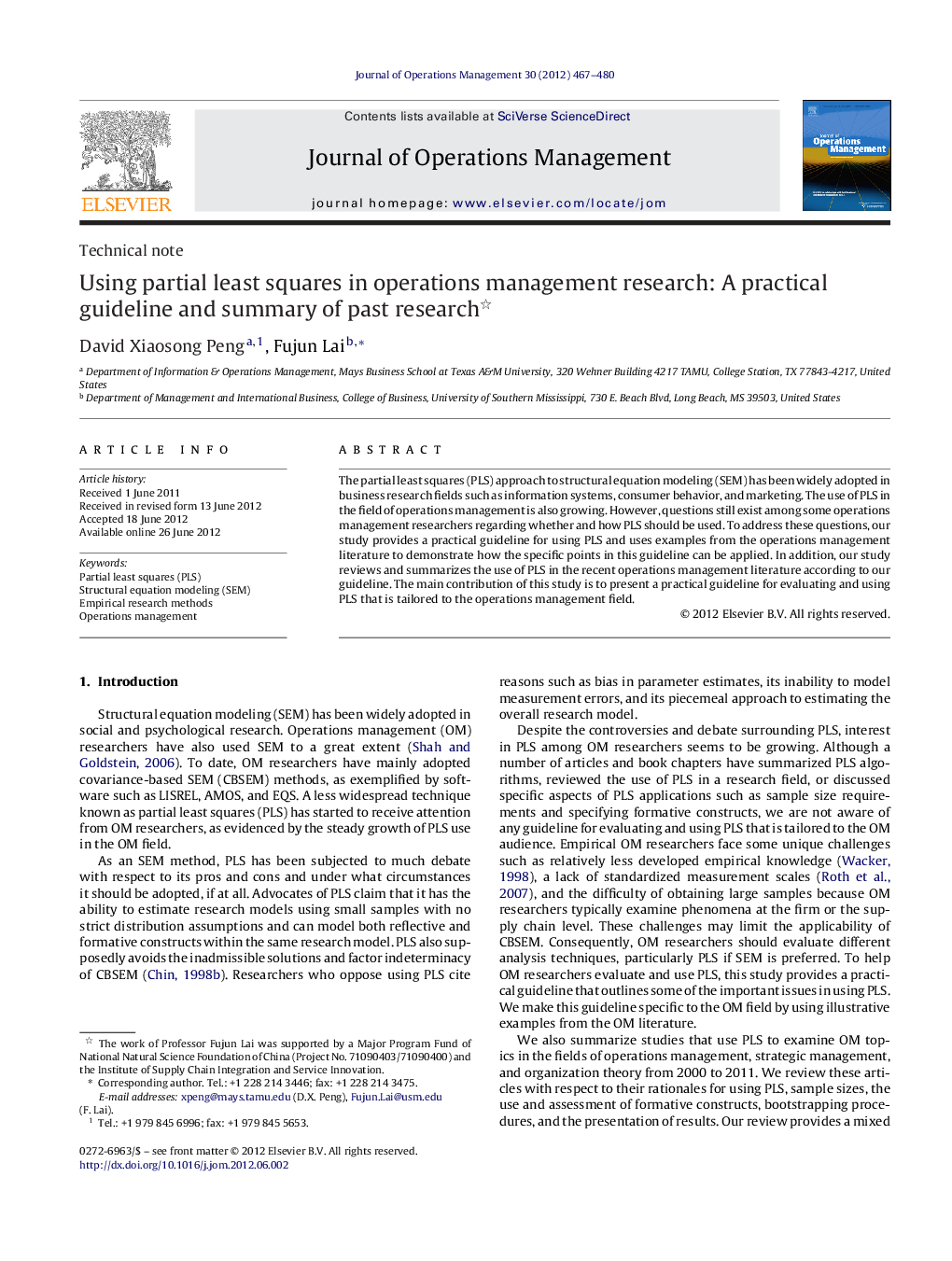 Using partial least squares in operations management research: A practical guideline and summary of past research 