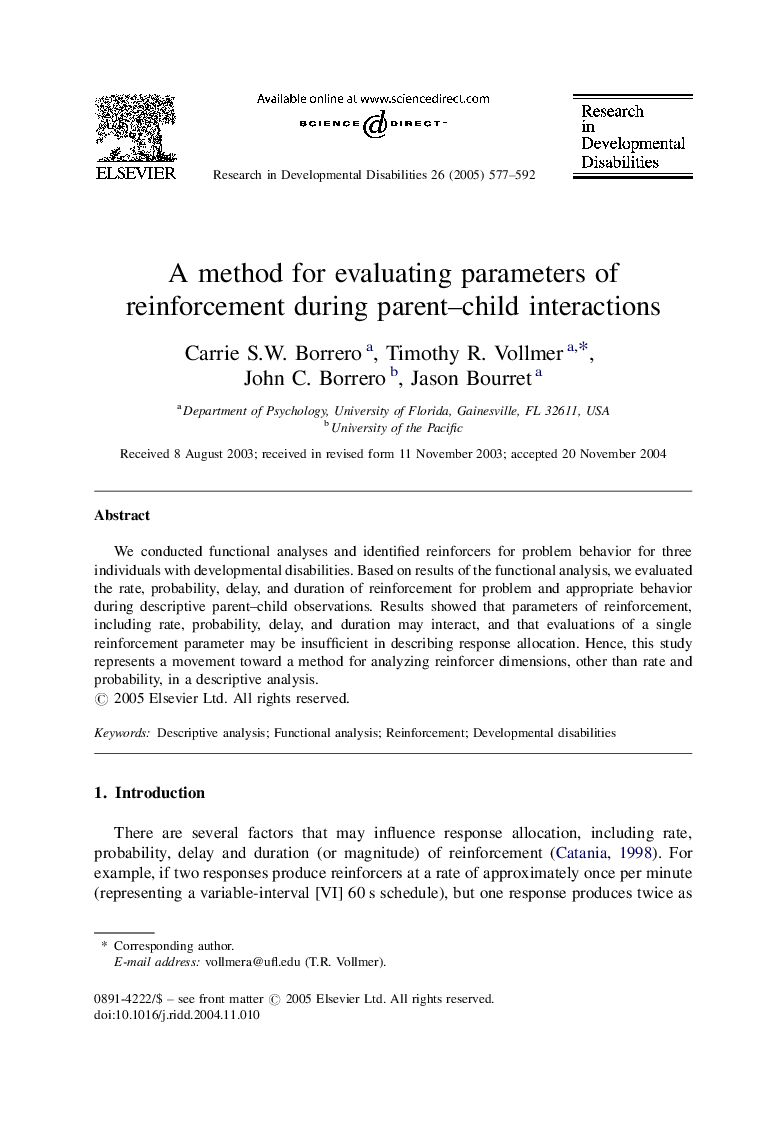 A method for evaluating parameters of reinforcement during parent-child interactions