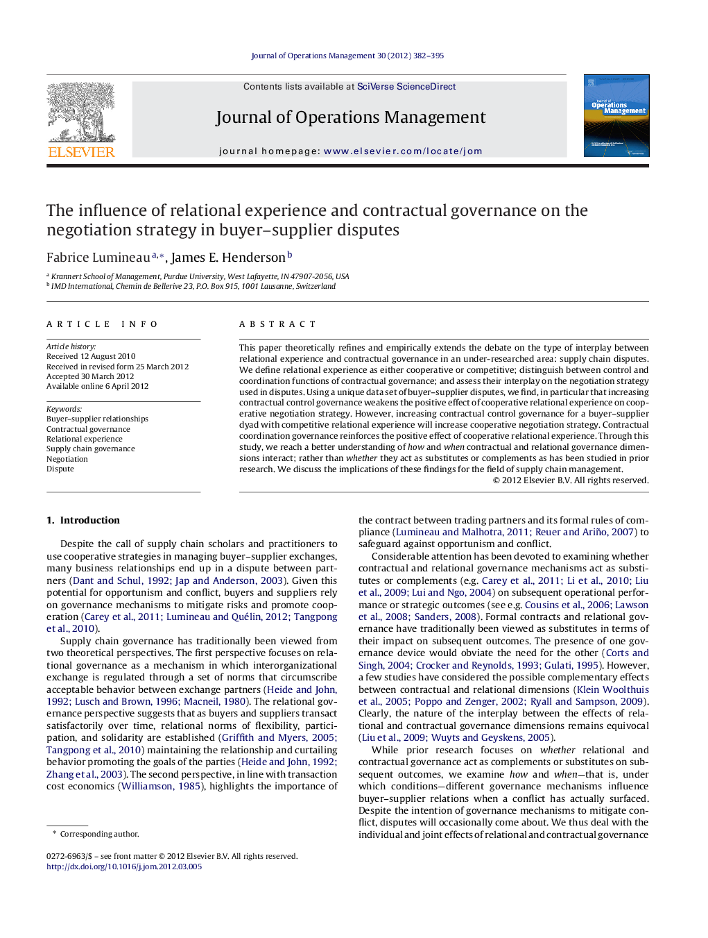 The influence of relational experience and contractual governance on the negotiation strategy in buyer–supplier disputes